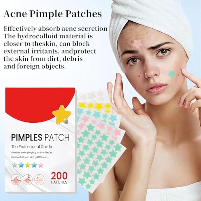 STRBOXONG 200 PCS ACNE PIMPLE PATCHES,HYDROCOLLOID ACNE PATCH,PIMPLE PATCHES FOR FACE,COLORFUL STAR PIMPLE SPOT STICKER WITH HYALURONIC ACID,FOR COVERING ZITS AND BLEMISHES - Image 2